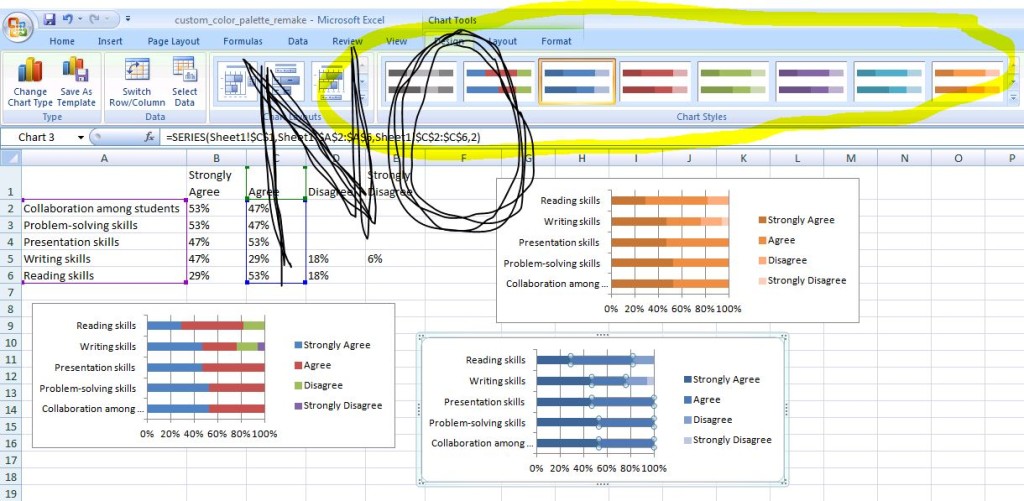 Screenshot of a Microsoft Excel spreadsheet showing the color palettes available with 'NO' written over them.