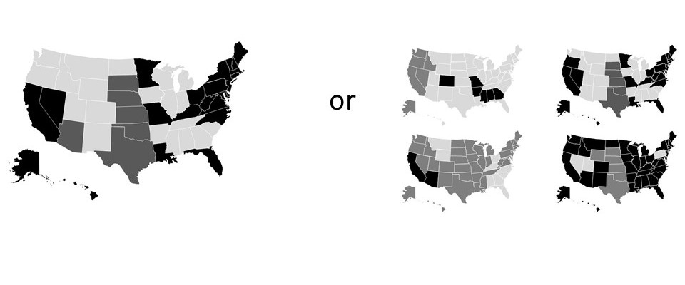 One large image of the Untied States to show data versus four small outlines of the United States to show data.