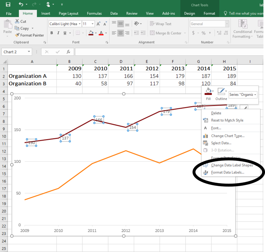 How to format data labels when labeling a line graph by going directly through the data points.