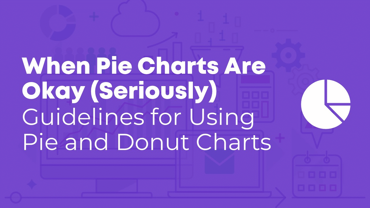Here are my guidelines for using pie and donut charts. Pie charts are okay when they: 1) Are well-formatted. No 3D, exploding slices, leader lines, or legends. 2) Display nominal variables. Ordinal variables don't belong in a pie chart. 3) Add to 100%. I've seen pies that only add to 90% because the designer deleted the "other" category and forgot to recalculate the new percentages. 4) Contain positive numbers. I've seen designers place a mix of positive and negative numbers inside the same pie chart, which doesn't make any sense. 5) Display a single point in time. Patterns over time belong in a time series graph, like a slope chart, line chart, or dot plot. 6) Only have two or three slices. Four slices is pushing it. 7) Are displayed individually. Only show one pie chart at a time. No small multiples pies. Comparisons across multiple pies are time-consuming. Finally, while I don't consider this to be a strict guideline, pie charts tend to be easiest to read with common fractions, like a one-fourth vs. three-fourths pie or a one-third vs. two-thirds pie.