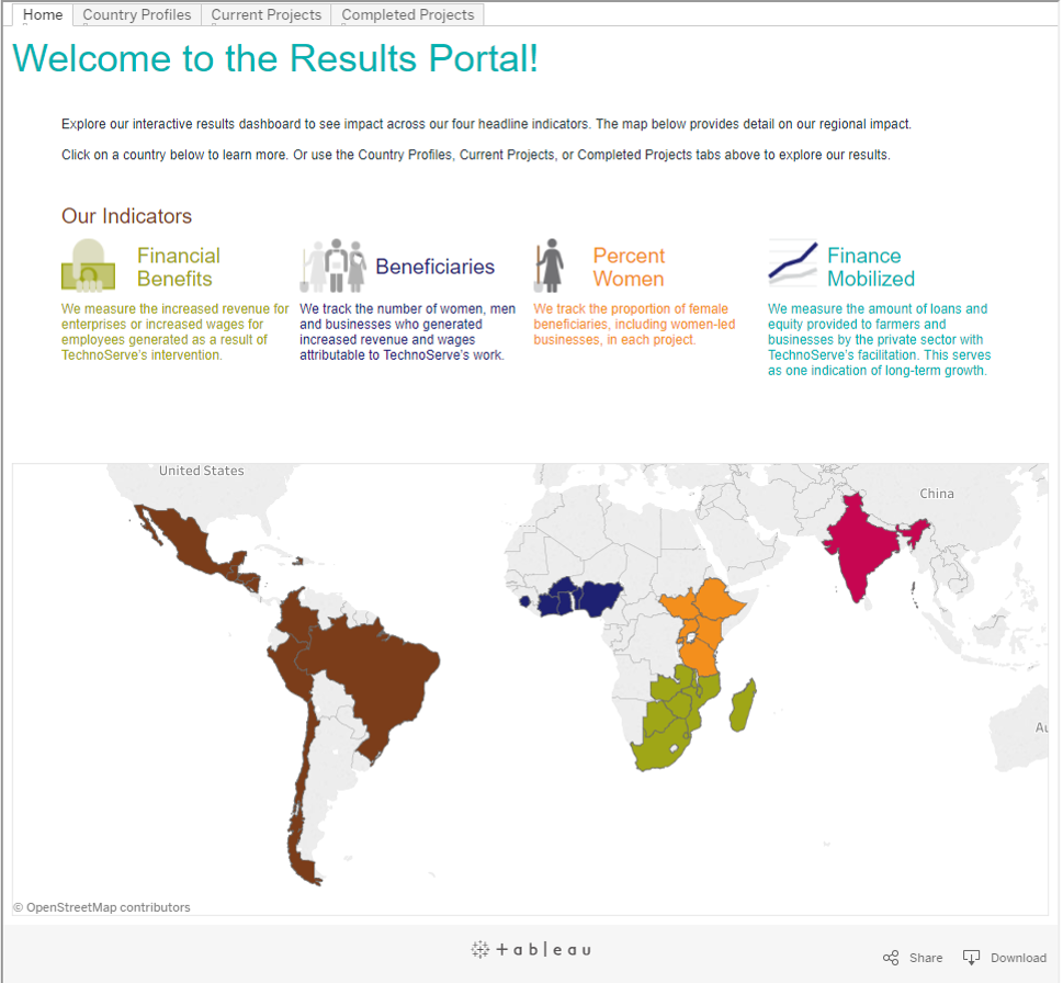 The portal includes a map of the countries and regions where TechnoServe works.