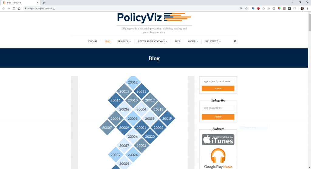 Jon's blog is one of my favorite resources for data visualization best practices and advanced Excel how-tos. You can read more at https://policyviz.com/. For example, he just published an article about developing a tile grid map for Washington, D.C. zip codes at https://policyviz.com/2019/02/14/a-tile-grid-map-of-dc/.