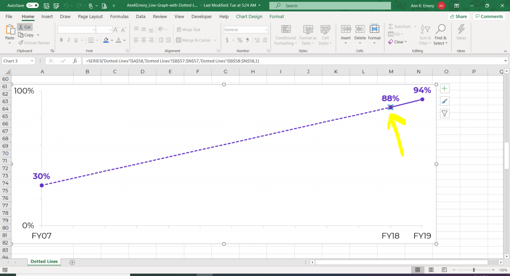 Screenshot showing in Microsoft Excel how you can edit sections of a line at a time.