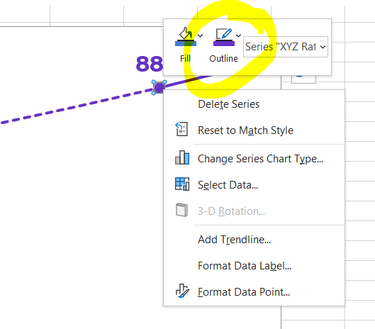 Screenshot in Microsoft Excel showing how to change a solid line into a dotted line. 