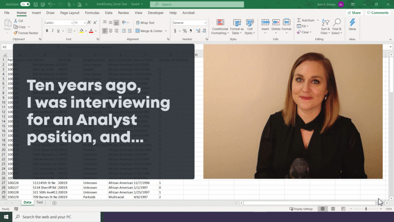 GIF of Ann Emery sharing her experience of being tested in Microsoft Excel.
