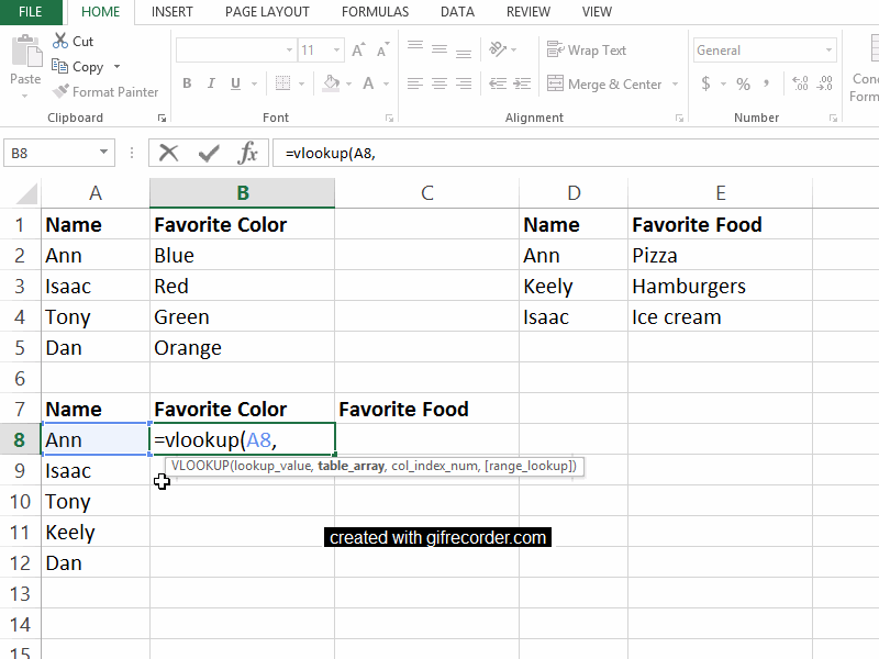 In this example, we want to get information from the Favorite Color table into our master table down below. The table_array for the Favorite Color table is A1:B5. In other words, that table begins in cell A1 and ends in cell B5.