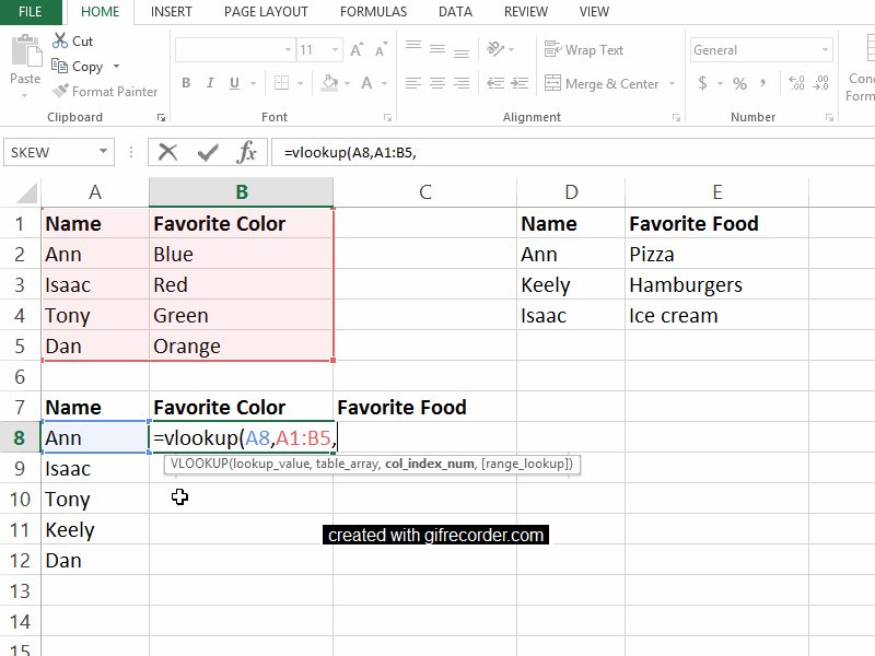 For example, we want to know favorite colors, which are located in the second column of our Favorite Color table, so we type a 2 into the vlookup function. As usual, conclude with a comma to move on to the fourth and final segment of our function.