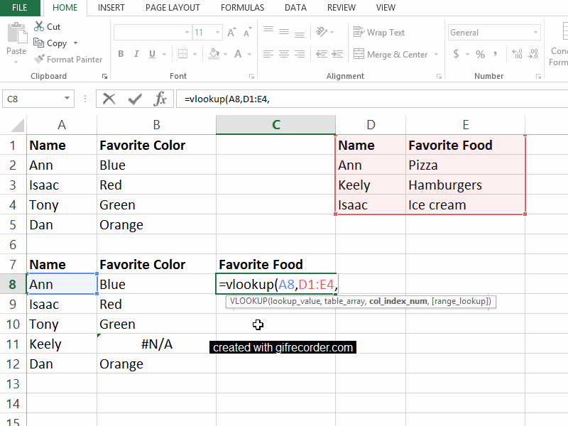 Third, tell Excel which column of the Favorite Food table to focus on. The foods are listed in the second column of that mini-table, so enter a 2 into the vlookup function. My function says =vlookup(A8,D1:E4,2