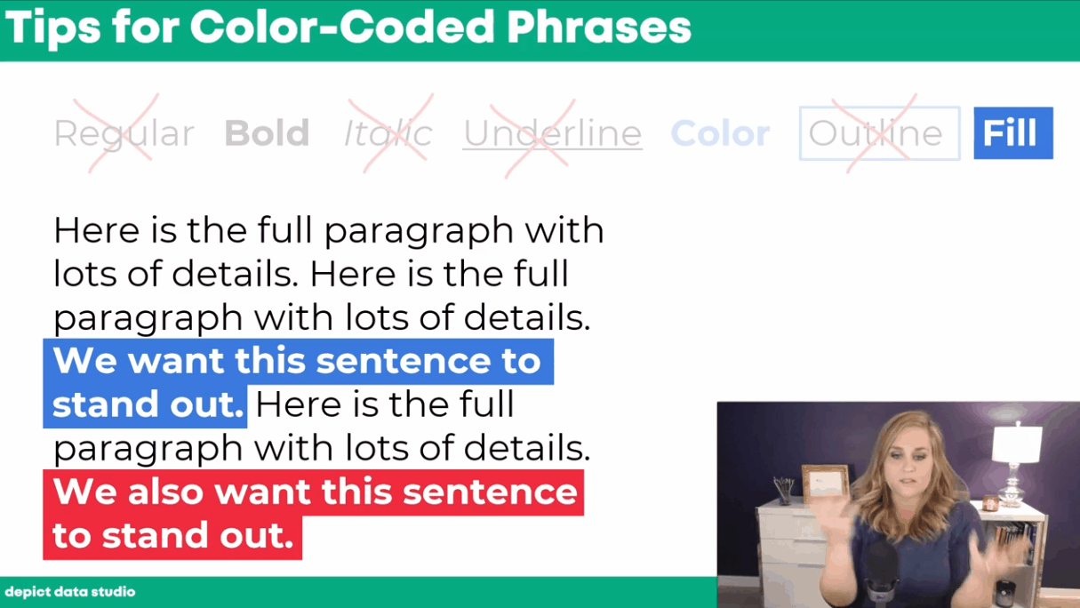 In the final section of the video, you’ll learn practical tips for using colored phrases to visualize qualitative data. You’ll learn the pros and cons of each approach, and see why I suggest using bold, colored, or filled text instead of the other options. 