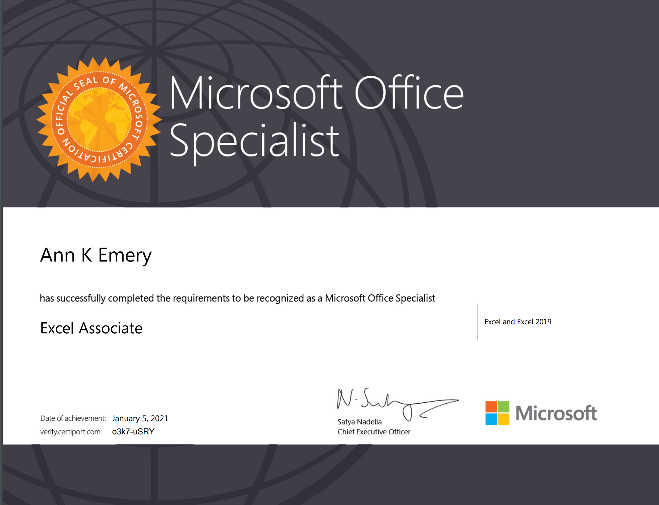 A screenshot of Ann K. Emery's Excel certification exam certificate