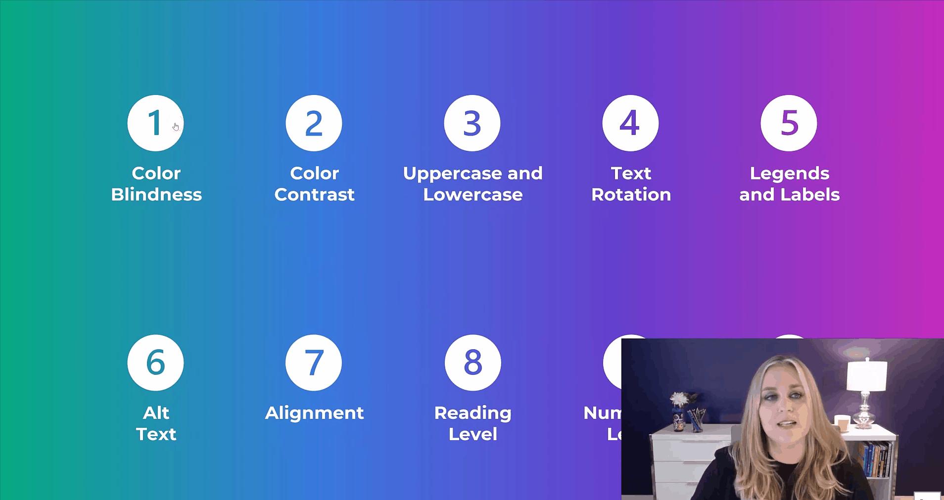 If attendees want to learn about Color Blindness, for instance, then I would click on the Color Blindness section of this slide. The links fast-forward us to that segment of slides.