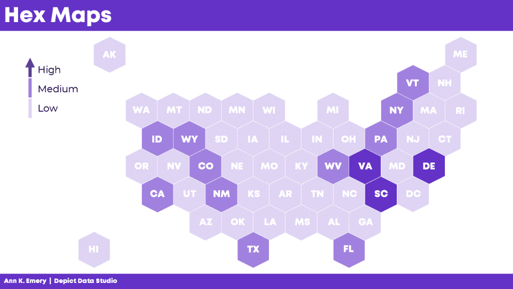 With six edges, hex maps give us more flexibility in arranging the shapes. That way, the maps can look closer to real-life maps.