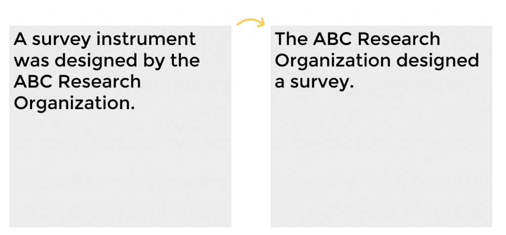 Example A: A survey instrument was designed by the ABC Research Organization. Reworked this would be: The ABC Research Organization designed a survey. 