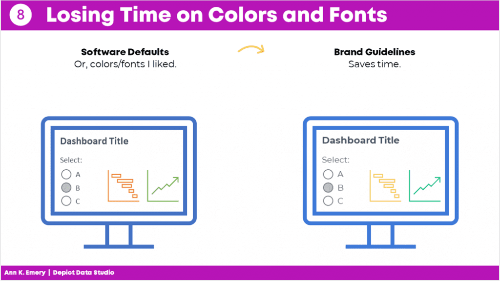 Mistake #8: losing time on colors and fonts. Just use brand guidelines from the start and save time. 