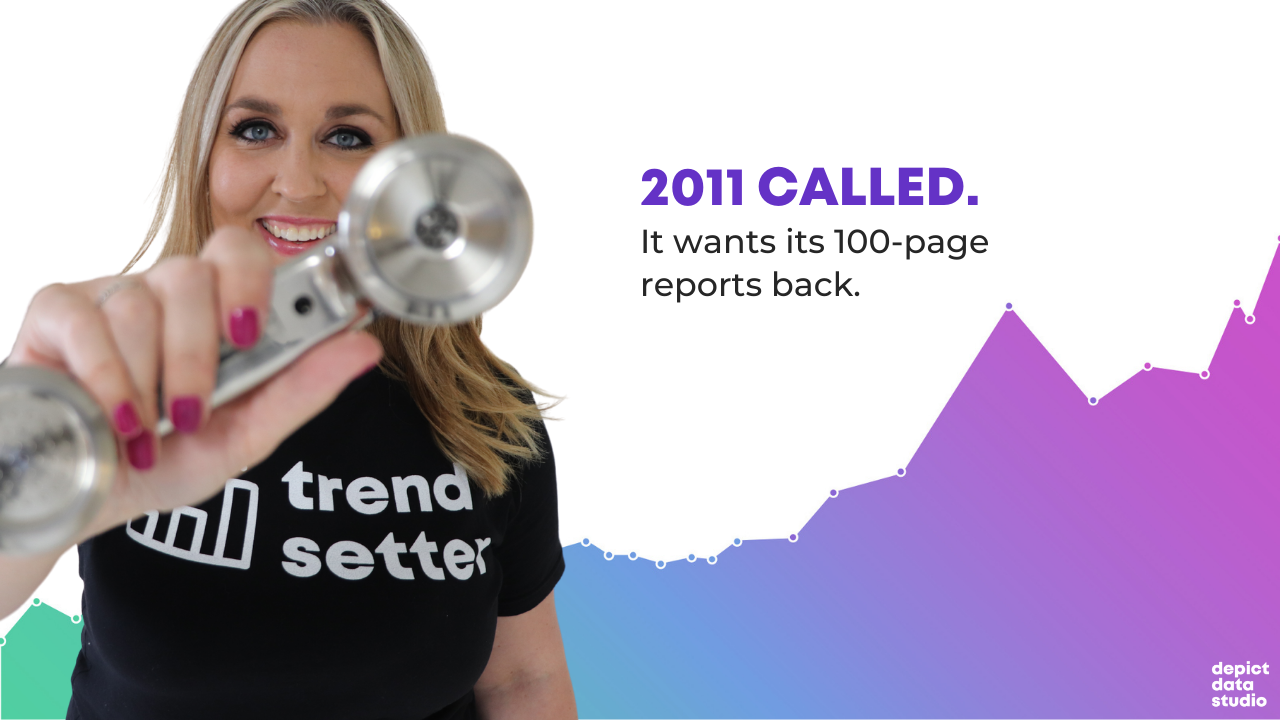 Ann K. Emery of Depict Data Studio is holding a rotary phone and smiling into the camera. The text reads, "2011 called. It wants its 100-page reports back."